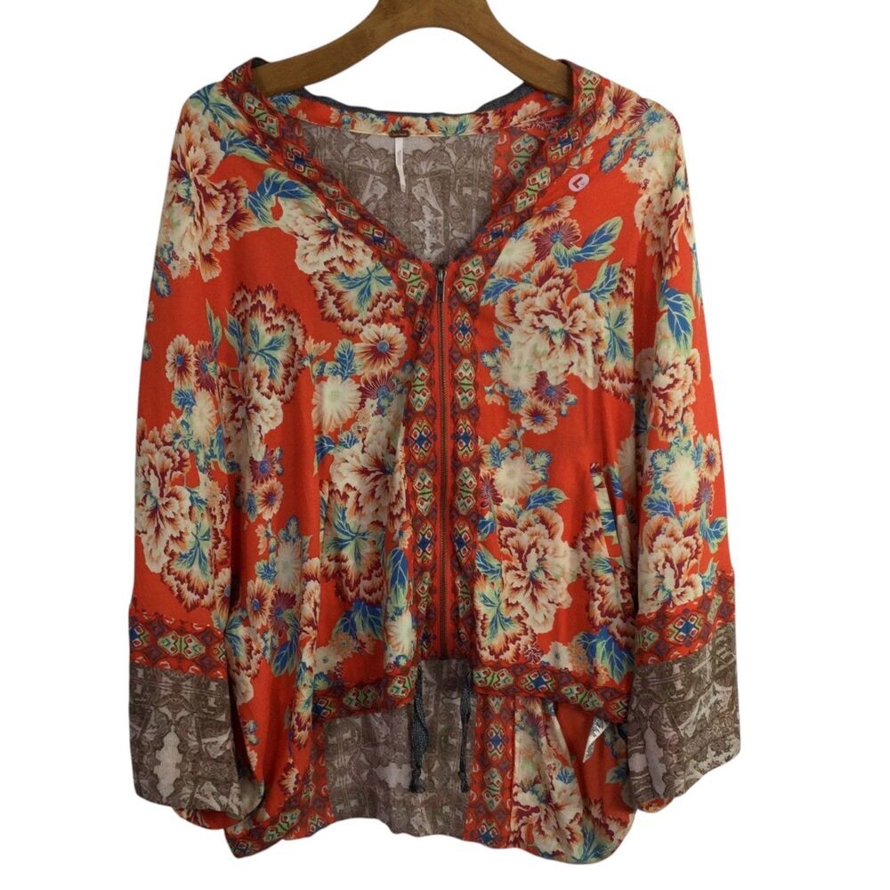 Free People Women Wildflower Cinched Zip-Up Kimono Jacket Red Floral Size M/L